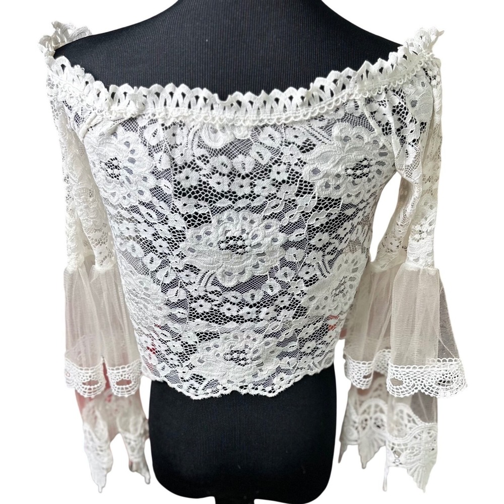 Boho White Lace Top Off Shoulder XS Crop Bell Sleeve Sheer Romantic Cottagecore - Picture 4 of 9